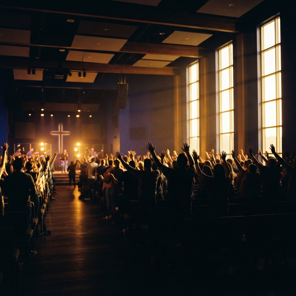 Congregation worshiping with raised hands in a light-filled sanctuary